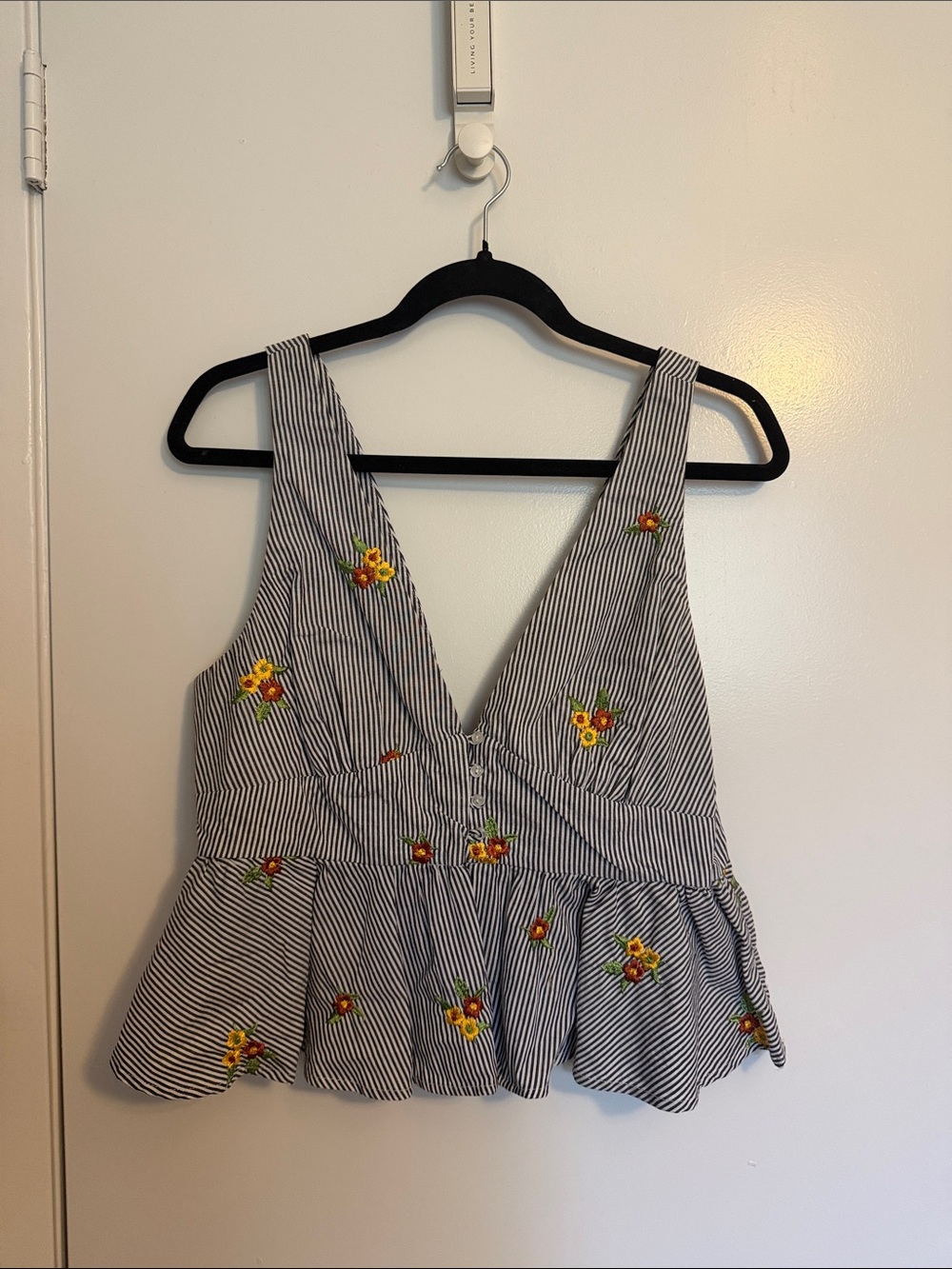 Forever 21 Black and White Striped Floral Embroidered Peplum Camisole